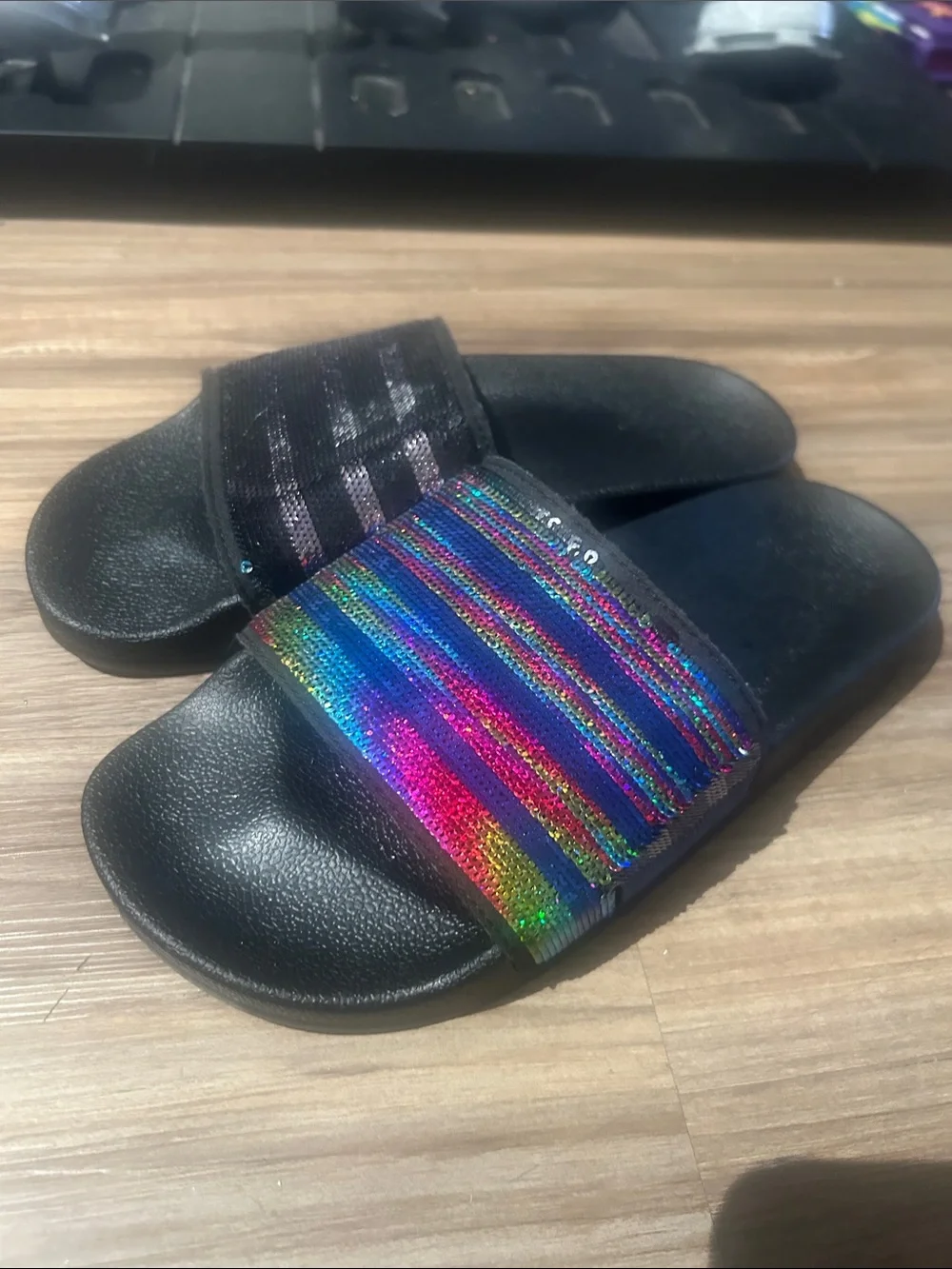 Kids Black Slides with Rainbow Sequin Strap